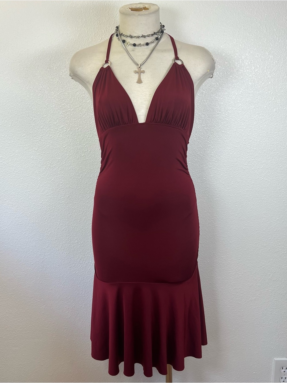 Women's Deep Burgundy Halter Midi Dress